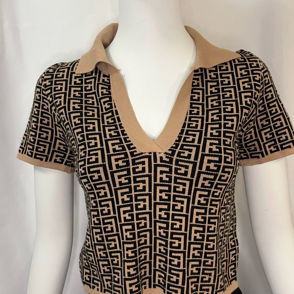 debut Tan & Black Geometric Designer Inspired Knit Polo Tee
